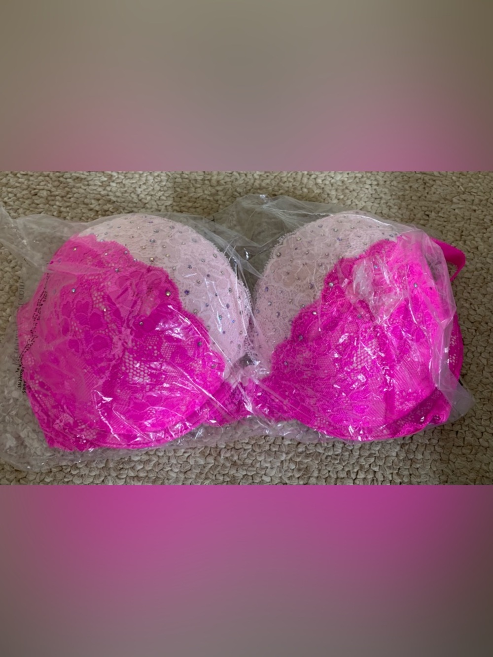 Victoria's Secret Hot Pink & Light Pink Lace Push-Up Bra w/Rhinestones